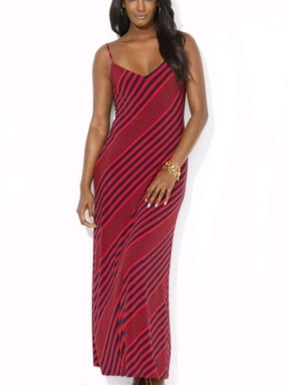 Ralph Lauren Red and Navy Diagonal-Stripe Maxi Slip Dress